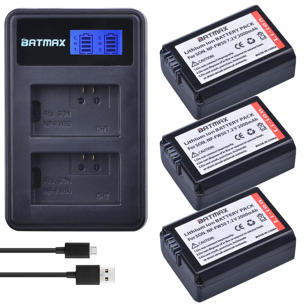 Günstig 3 stücke 2000 mah NP FW50 NP FW50 NPFW50 Batterie Akku + LCD Dual Ladegerät für Sony Alpha a6500 a6300 a7 7R a7R a7R II a7II NEX 3 NEX 5