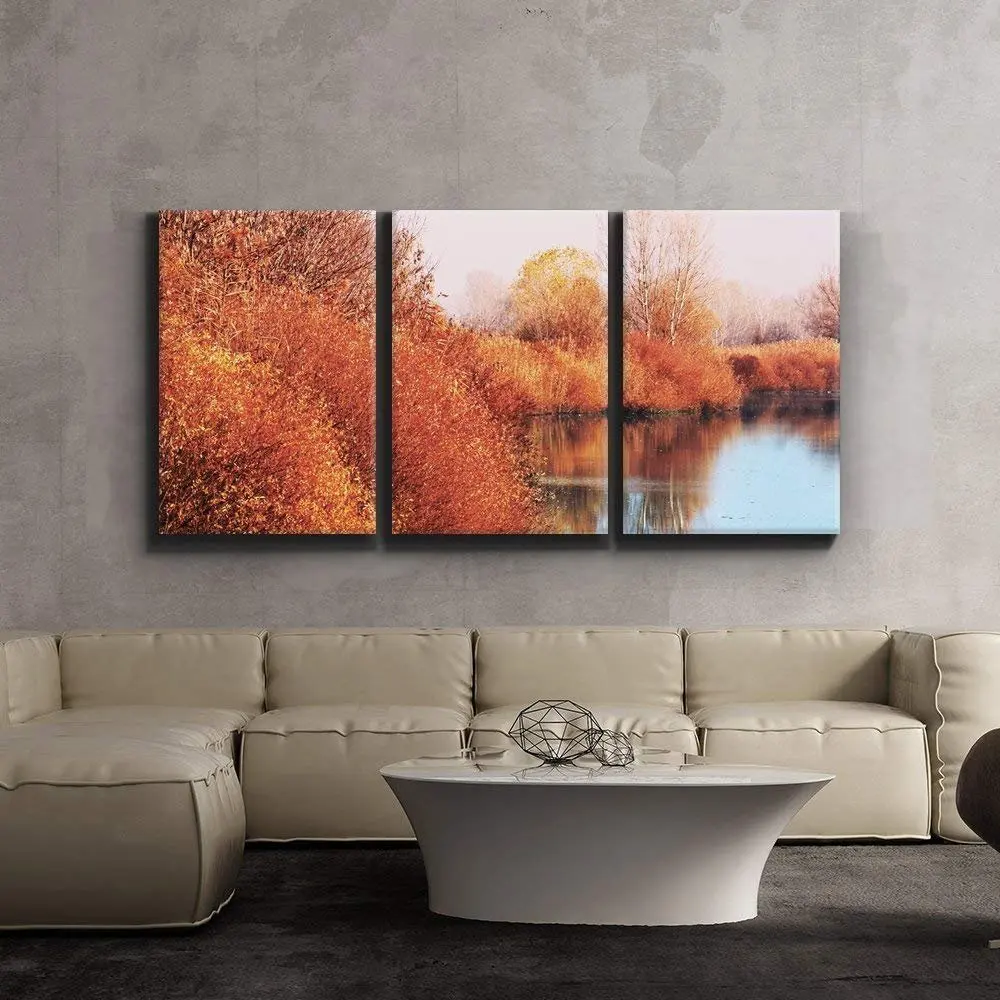 3 Piece Canvas Print Contemporary Art Modern Wall Decor Autumn Lake Scene Orange Calm Peaceful Giclee Artwork Gallery Wrapped 3 Piece Canvas Print Contemporary Art Modern Wall Decor Autumn Lake Scene Orange Calm Peaceful Giclee Artwork Gallery Wrapped