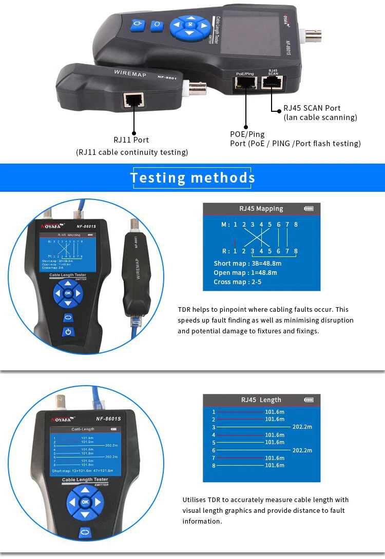 TDR сети ЖК-дисплей кабельный тестер, Noyafa NF-8601S многофункциональный трекер для RJ45, RJ11, BNC, металлический кабельный, пинг/POE, w/Порты и разъёмы