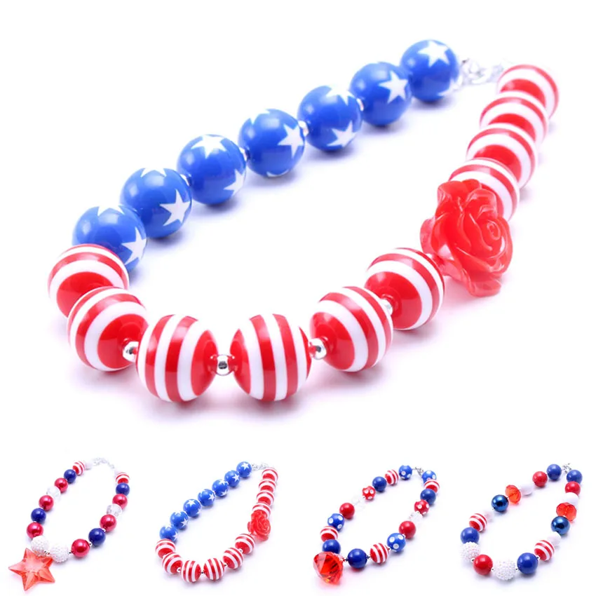 

MSH.SUN New Kids Bubblegum Necklace Star pendant Necklace US Flag color Beads Necklace Resin flower Necklace Baby gift BN007