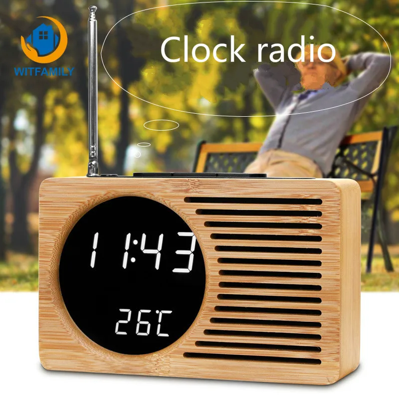 

Multi-function Bamboo and Wood LED Digital Alarm Clock FM Radio Electronic Alarm Clock Temperature Display Home for Student