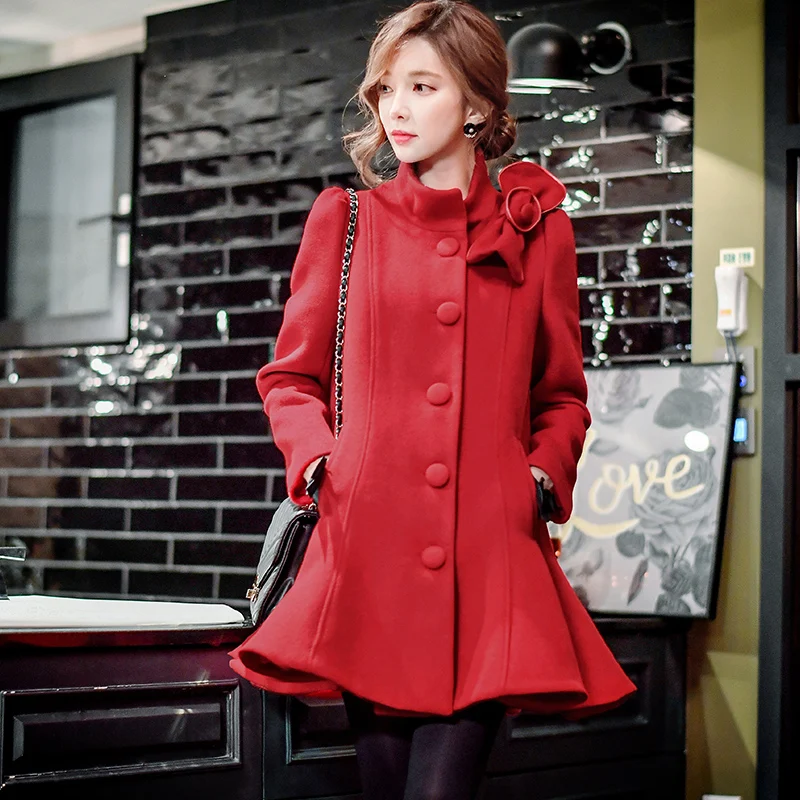 Élégant Long Dabuwawa Parti Hiver Christamas Rouge rouge Manteaux Rose Swing Femmes Unique Rose Survêtement Poitrine Hem Arc qgqzH8
