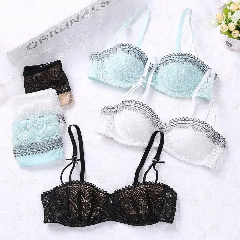 ROPALIA Sexy Women Mesh Push Up Bra Sets 1/2 B Cup Underwire Underwear Silk Lace Flower Bra Brief Set Bra Hollow Out Panties