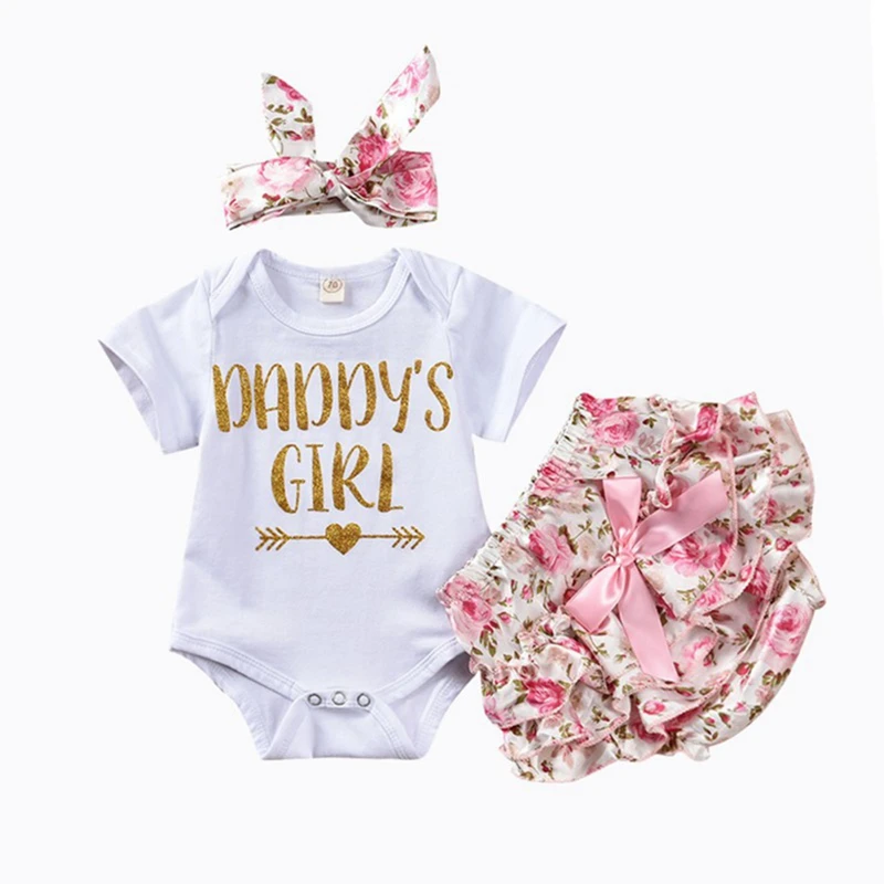 

O-Neck Floral 3-24M Cotton Pullover Summer Baby Newborn Girl Short Sleeve Letter Print Romper Floral Skirts Headband Costume Set