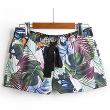 

Casual Shorts Women Loose Plant Print Vacation Pant Wide Leg Straight Belt Elastic Bottoms 2018 Summer Beach Boho Short Pants