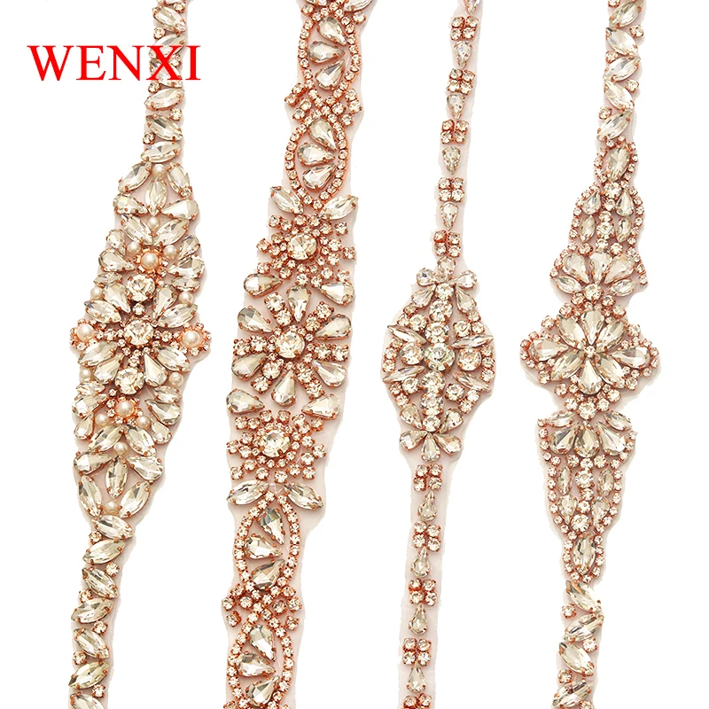 

WENXI (1 pcs) Hand Beaded Rhinestones Appliques Clear Rose Gold Crystal Sewing On Bridal Dress Sash DIY wedding Dress Belt