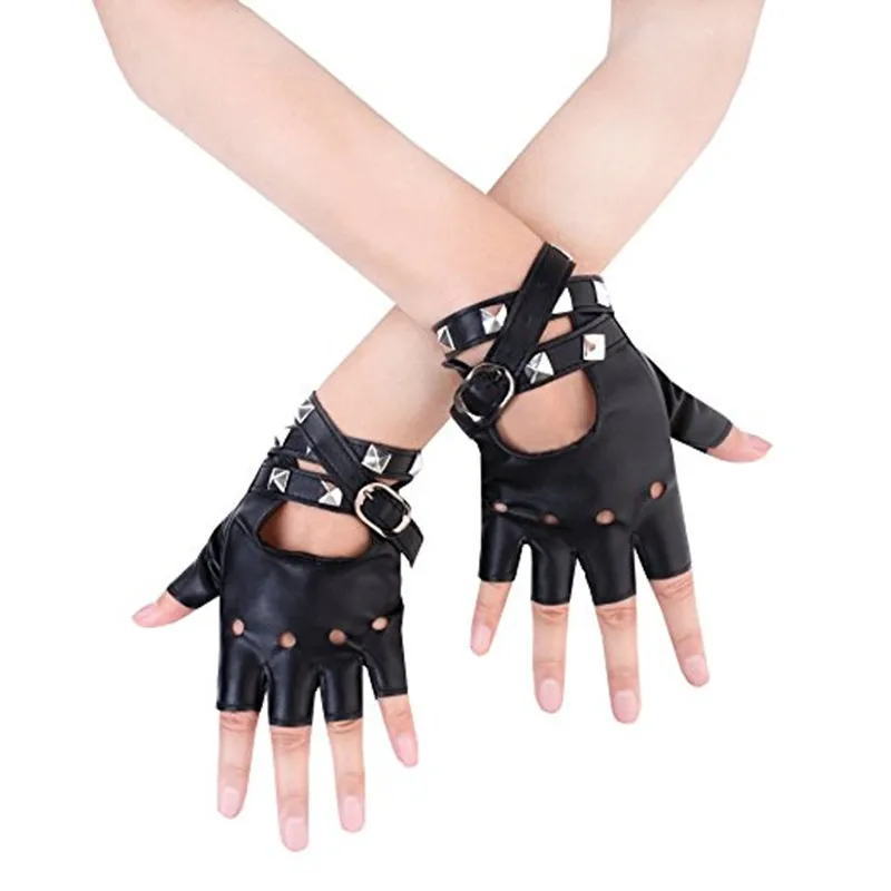 

2018 Rushed Sale Solid Wrist Adult Eldiven Winter Gloves Women Punk Rivets Belt Up Half Finger Pu Leather Performance Gloves