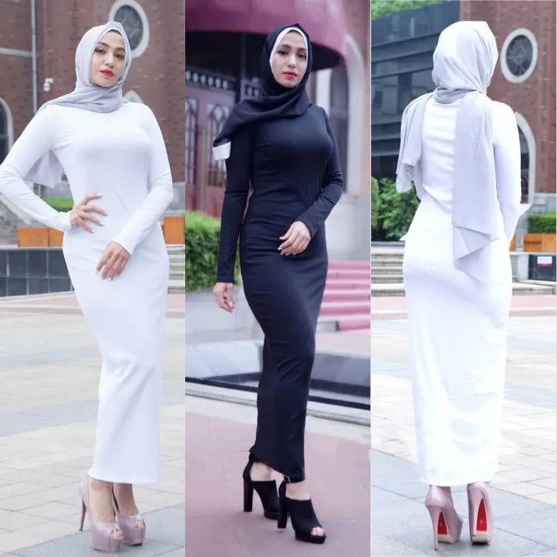 Dubai Abaya Muslim Women Long Sleeve Slim Dress Sheath Islam Kaftan Jilbab Robes Gown Bodycon Soft Casual Dresses Ankle-Length