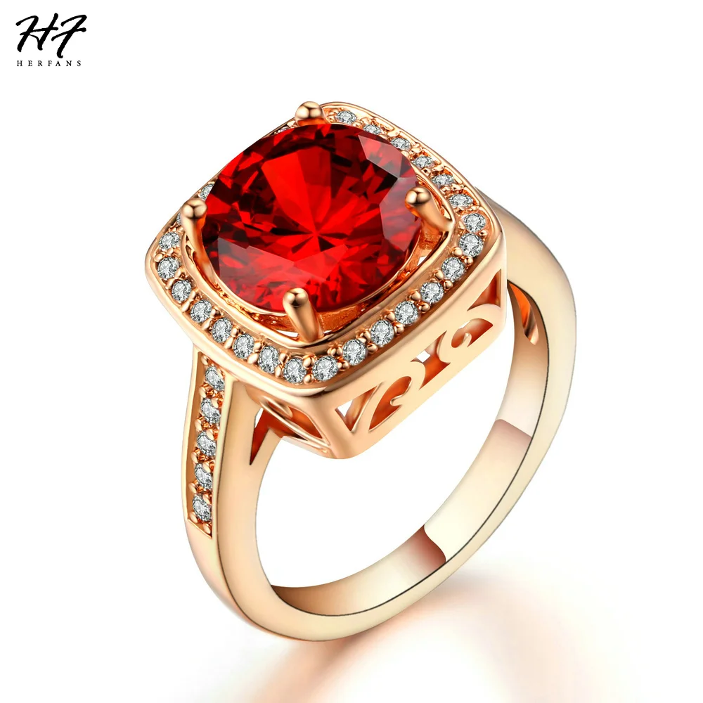 

Hot Luxury Rose Gold Color Round AAA Red Crystal Ring Fashion Engagement Jewelry For Women HotSale R322