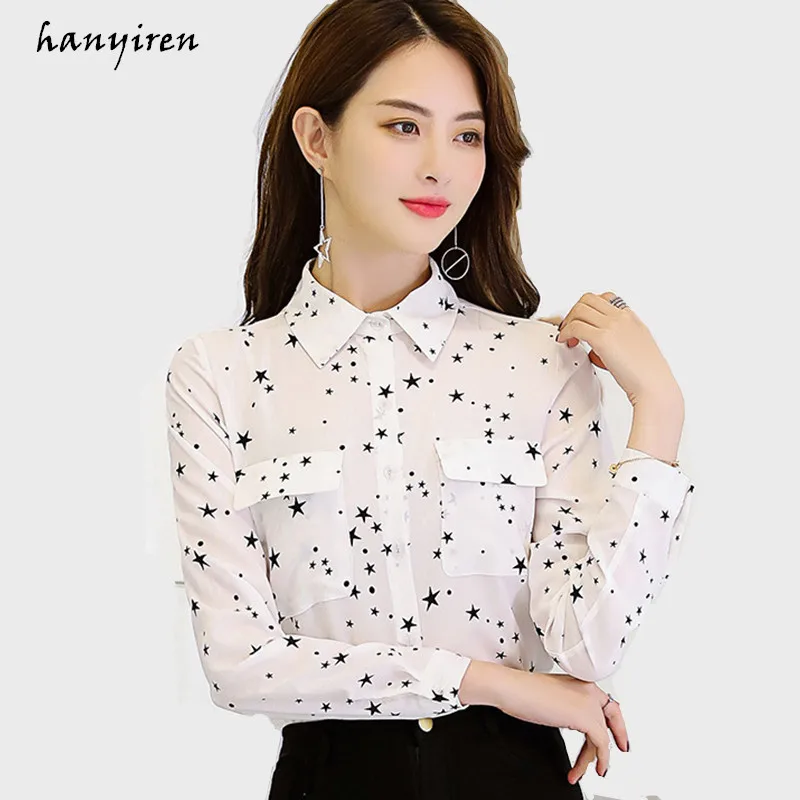 Hanyiren Star Print White Chiffon Blouse Long Sleeves Turn