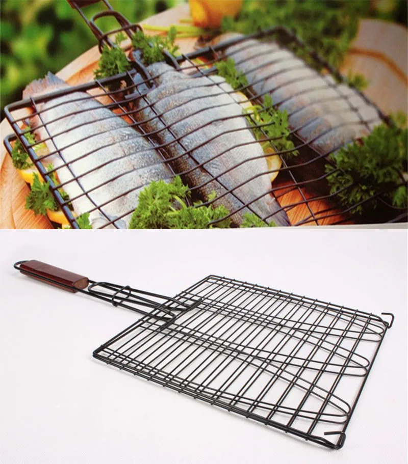 New DIY Non stick Triple Fish Grilling Basket w/ Wood Handle Outdoor