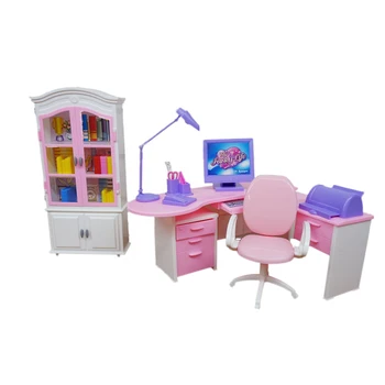 

For Barbie Home Office Furniture with Bookcase Desk Computer Desk Lamp Printer Telephone Accessories for Monster High Doll