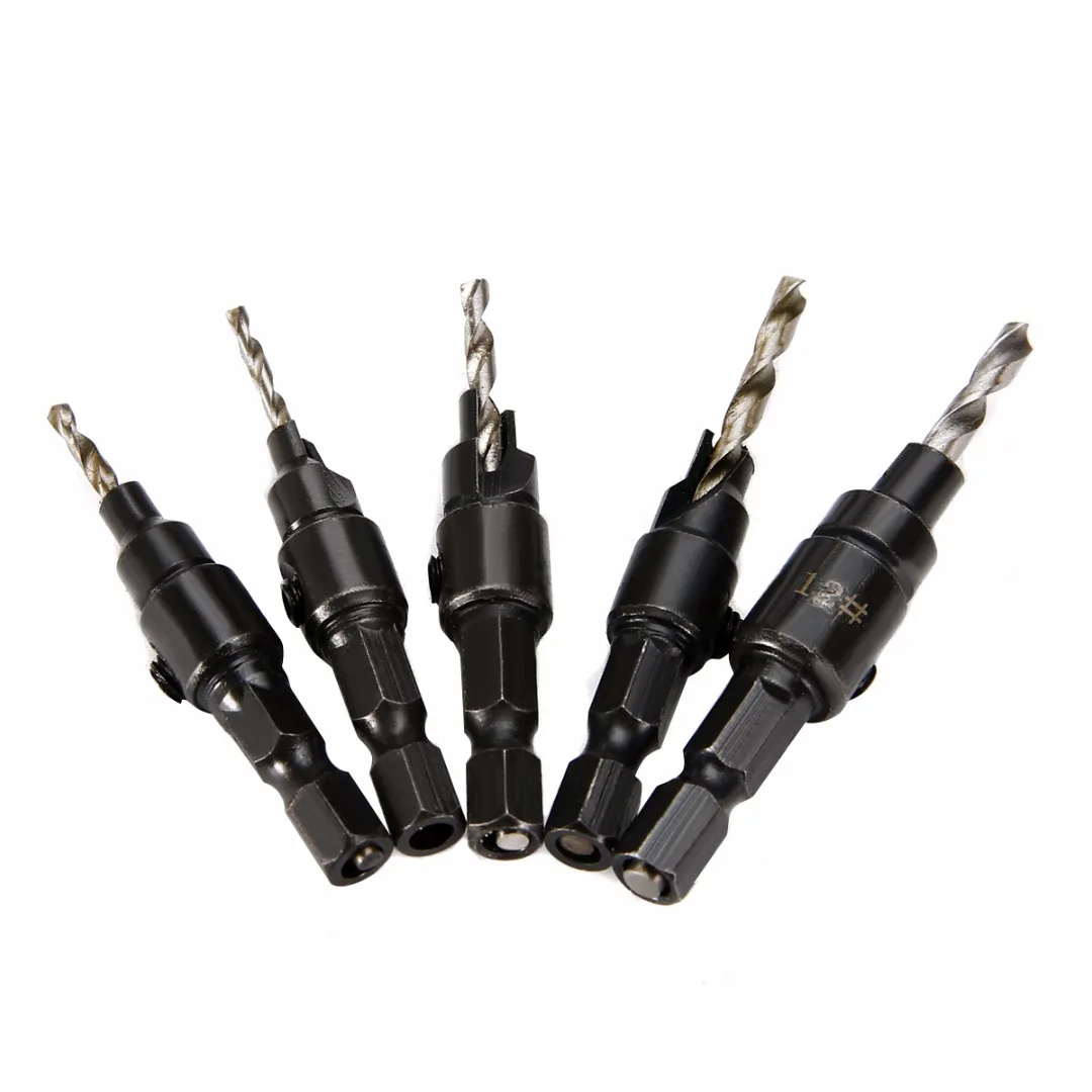 5pcs 5 6 8 10 12 Countersink Drill Bits 1/4 Hex Quick Change Shank Wood Drilling Tool Set + Hex Shank