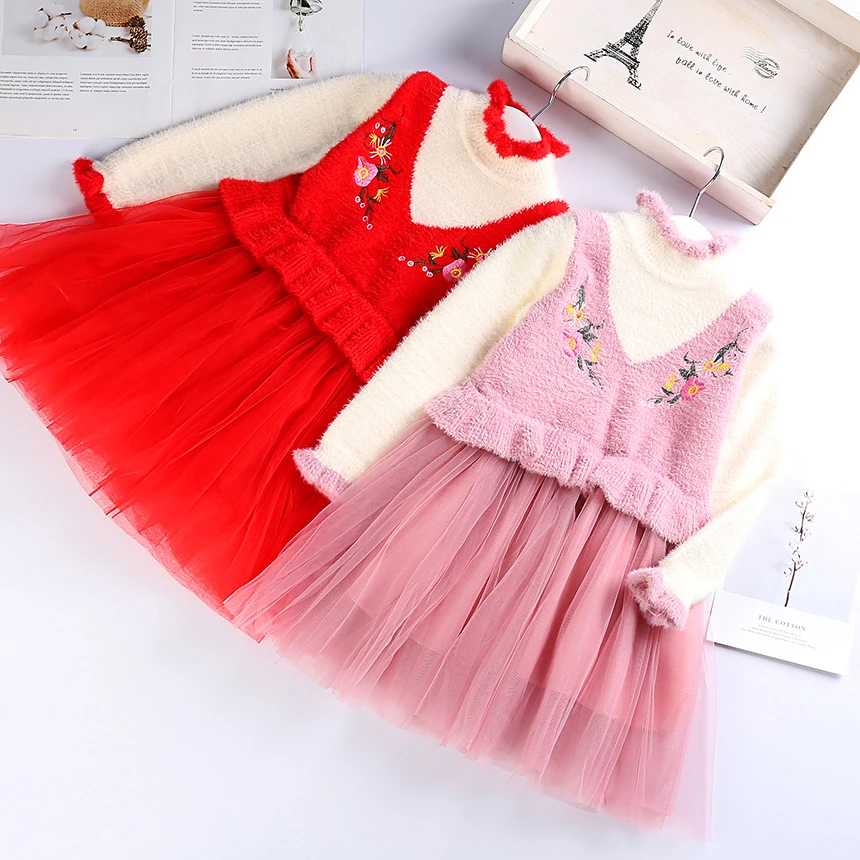 

Toddler Girl Sweater Dress Fall Winter Clothing Wholesale Lots Bulk Clothes Kids Girl Ruffle Floral Princess Tulle Dress Autumn