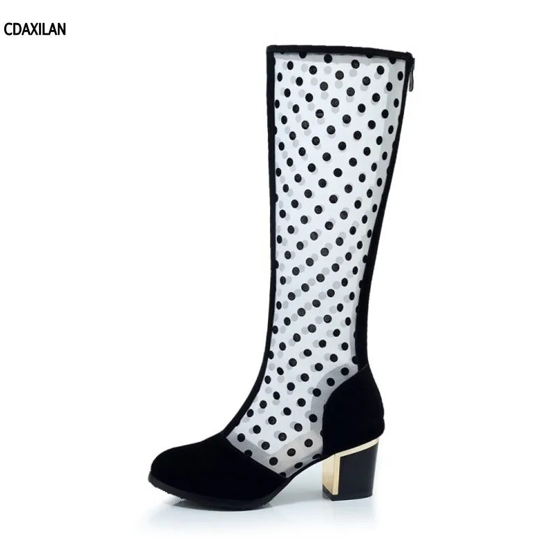 CDAXILAN/Новое поступление; сапоги; женские летние сапоги до колена с дышащей сеткой; Модные женские повседневные туфли с круглым носком на квадратном каблуке