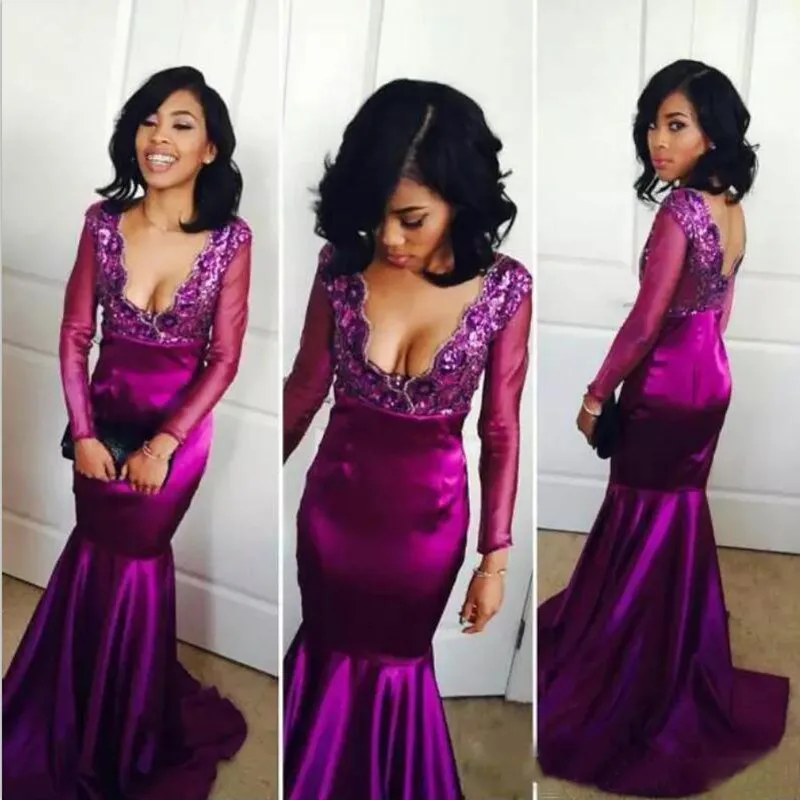 

Dark Purple Deep V Neck Mermaid Evening Prom Gown Long Sleeves Sequins Appliques Beads Satin Wedding Party Dress Vestido