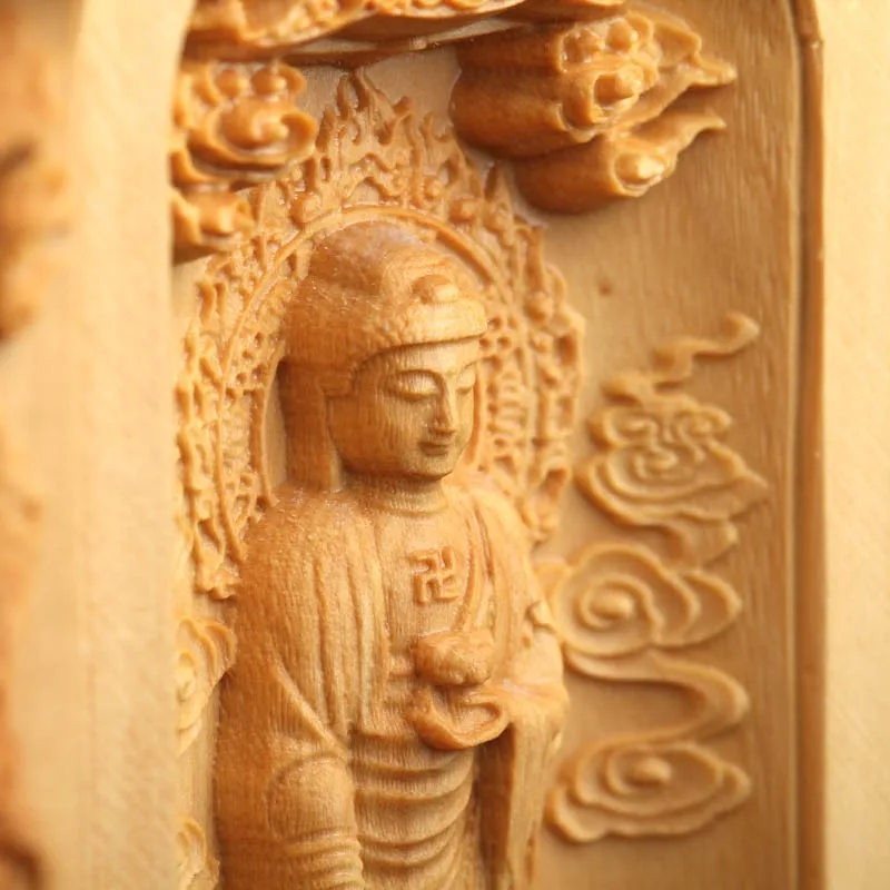 3 шт., Три изогнутые статуэтки Будды, буддистская статуя Бодхисаттва, открытая коробка, ручная работа, резьба по дереву, буддистское украшение