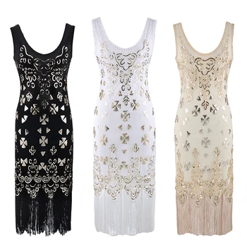 

Women 1920s O-Neck Flapper Sequin Dress Vintage Fringe Dress Great Gatsby Robe Femme Embroidery Summer Retro Midi Dress vestido