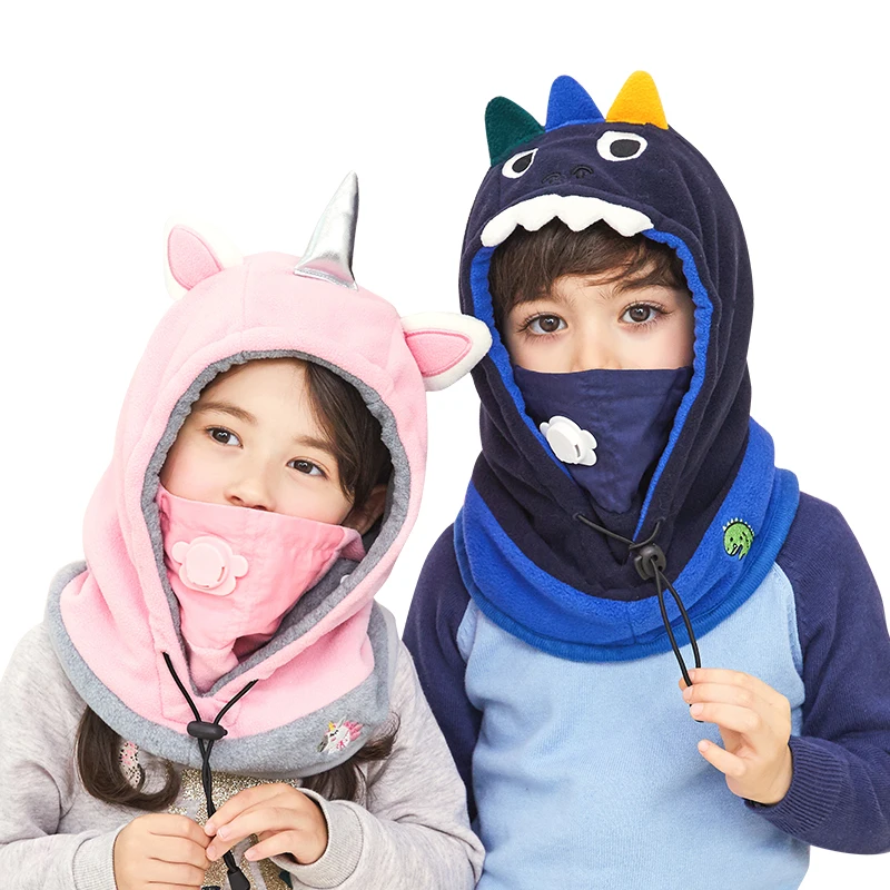 Comprar Invierno niños dinosaurios unicornios estilo sombrero niños Coral terciopelo con capucha gorra bebé enmascarado gorra para niños niñas gorros con máscara