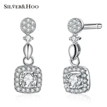 SILVERHOO 925 Sterling Silver Stud Earrings Square Fine Jewelry Accessories Wedding for Women Lady Cocktail Party Simple