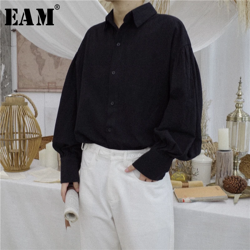 

[EAM] 2019 New Spring Summer Stand Collar Full Puff Sleeve Loose Button Casual Wild Vintage Shirt Women Fashion Tide OB389