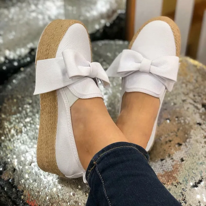 

LOOZYKIT 2019 Solid Women Flats Platform Shoes Slip On Casual Ladies Canvas Shoes Bow Knot Thick Bottom Lazy Loafers Espadrilles