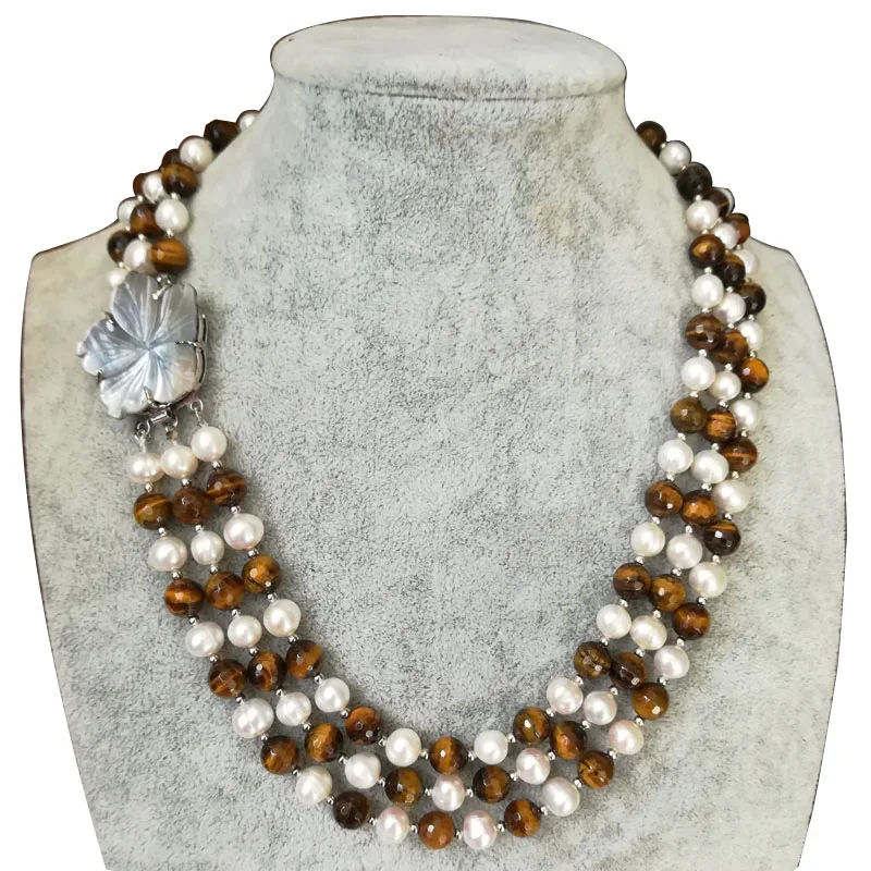 

17-19 inches Three Rows 8-9mm Natural Round Freshwater Pearl and Tiger Eye Beads Necklace with Shell Flower Clasp