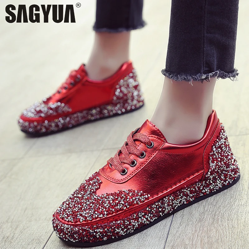 

New Woman Feminine Young Superstar Rhinestone Sequined Casual Shallow Low Fashion Zapatos Lace Up Flat Flattie Board Shoes T615