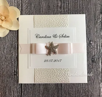 

CA0699 White Embossed Pebble Wedding Invitations Beach Starfish Wedding