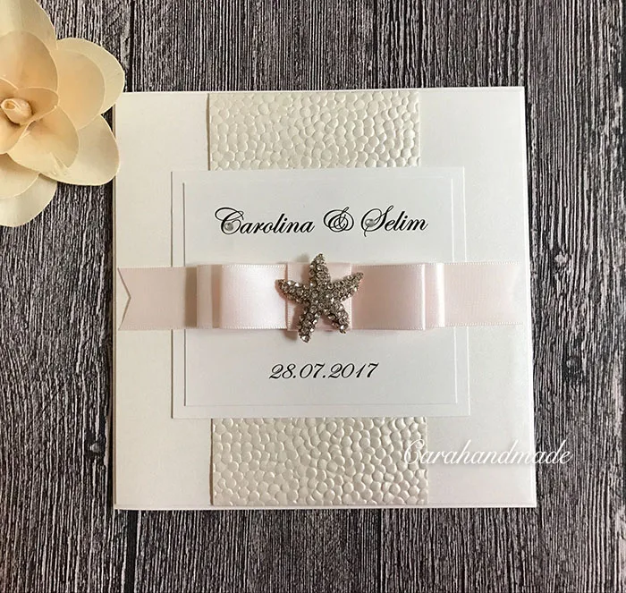  CA0699 White Embossed Pebble Wedding Invitations Beach Starfish Wedding - 32830092464