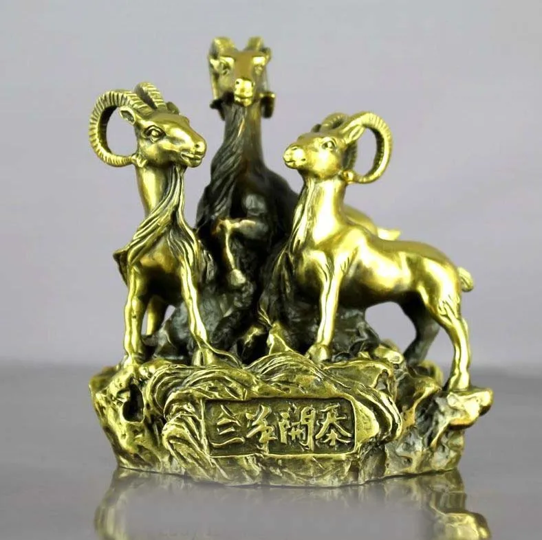 

Chinese brass Copper Feng Shui Auspicious Lucky Three goat sheep to Hill Statue SD 506