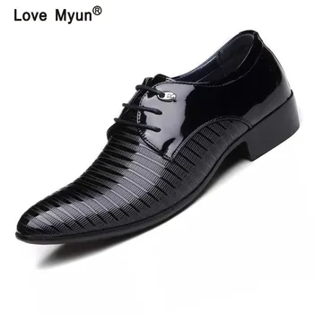 

2019 New Fashion Men's Lace-Up Oxfords Dress Shoes Mens PU Leather Business Office Wedding Flats Man Casual Party Driving Shoes