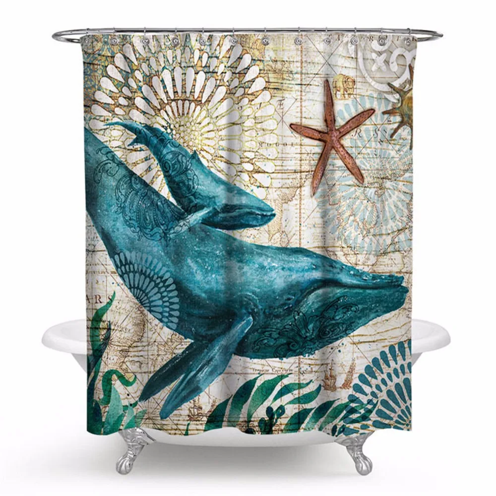 Marine Polyester Waterproof Shower Curtain Seahorse Turtle 12pc Hooks