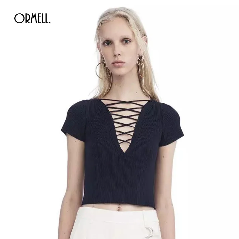 ORMELL Fashion Short Women Deep V Neck T-shirts Summer Hollow Out Bandage Ladies Tops 3 Colors Solid Female Casual Sweater Tees | Женская