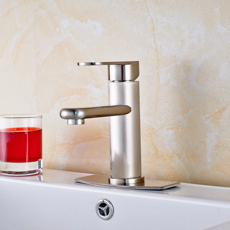 

Free Shipping Brushed Nickel Single Handle Basin Faucet Deck Mounted One Hole Mixer Water Taps with 6" Hole Cover Plate