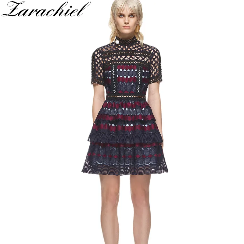 

Zarachiel Self-Portrait Color Block Argyle Lace Dress New 2019 Summer Women Short Sleeve Hollow Out Layered Ruffles Party Dress