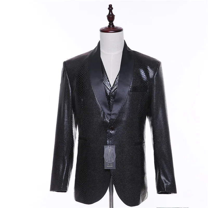

New Autumn/Spring Men Suit Jacket Blazer Wool+Snakeskin Pattern Men Casual Suit Coat Slim Fit Two Button Black Satin Lapel