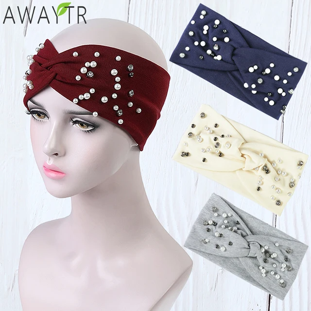 Women's Plain Stretch Headbands Fashion Cotton Pearls Elastic Flat Head