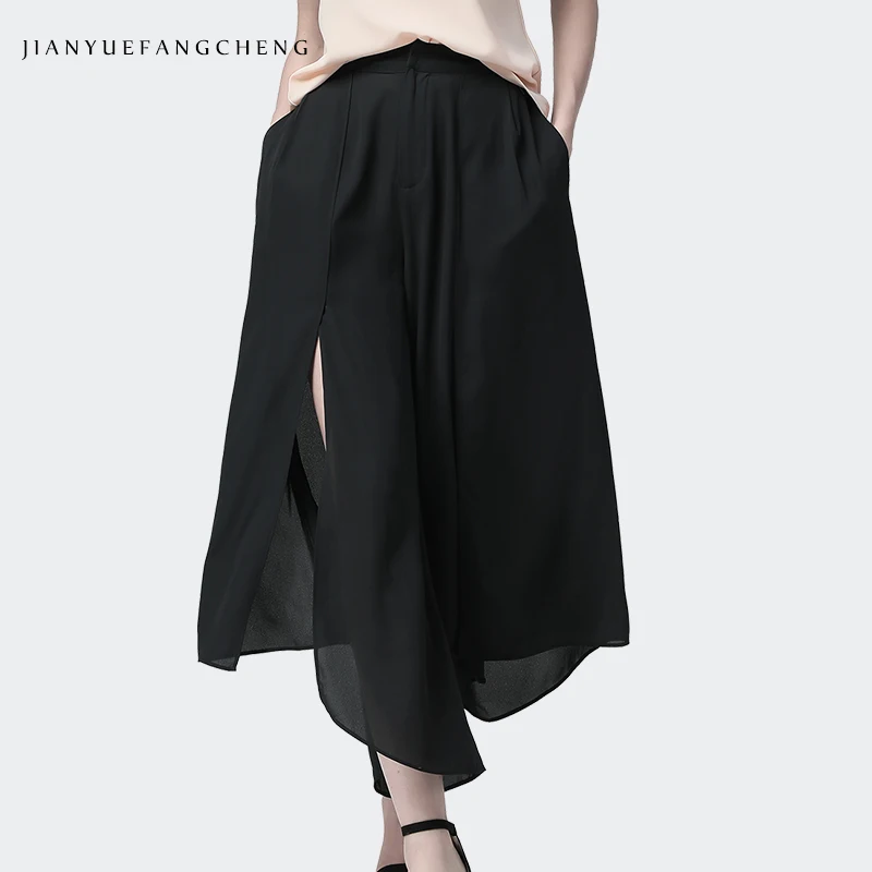 

Chiffon Women' Pants Black Widely Calf-Length Split Casual Pants High Wasit With Pockets Loose Plus Size Ladies Summer Trousers