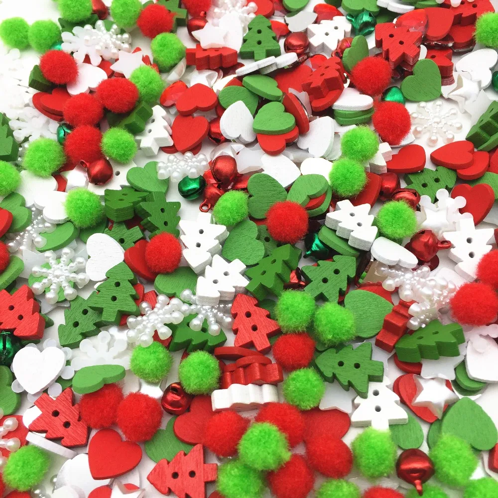 300pcs Christmas Bag of Pom Poms Wood Xmas Tree Buttons Jingle Bells Snowflake Star Pearls Scrapbook Embellishment DIY Crafts | Дом и сад