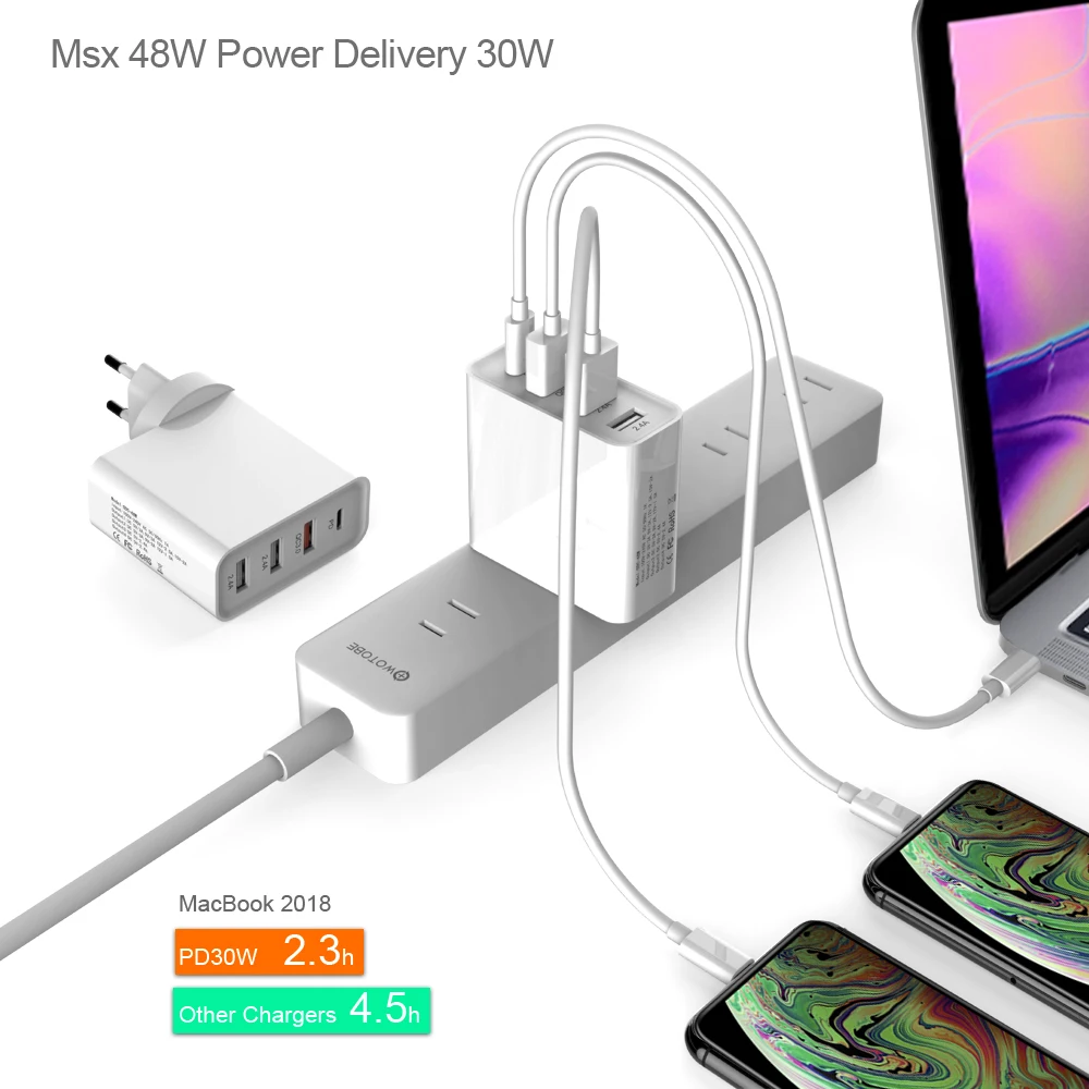 WOTOBE PD Quick Charge 3.0 48W 4-Port USB USB C Charger PowerPort for Galaxy Note iPhone iPad LG HUAWEI XIAOMI, PD 30W Mac book