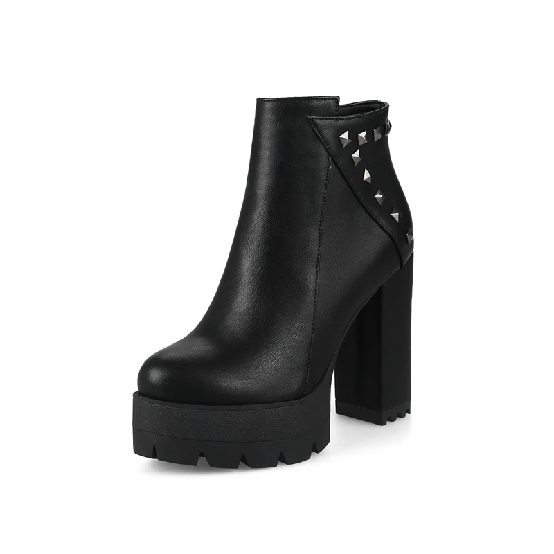 ORCHA LISA/обувь с заклепками; женские ботинки на платформе и высоком каблуке; женские ботильоны; однотонные осенние вечерние ботинки на молнии; botas mujer - Цвет: Black