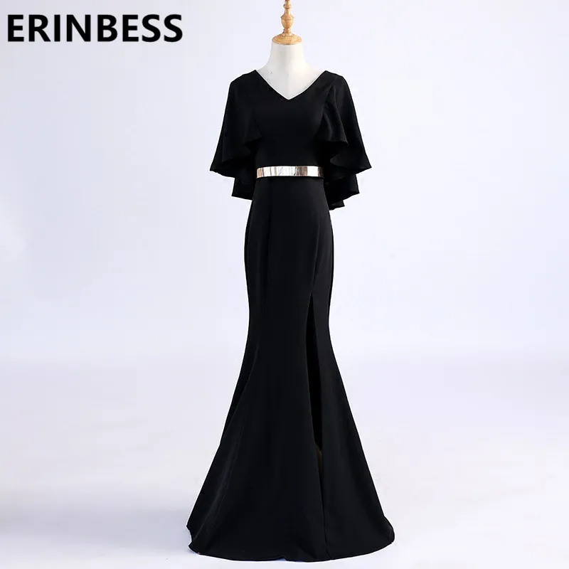 

Sexy V-neck Evening Dress Half Sleeve Chiffon With Sashes Black Evening Dresses Mermaid Robe De Soiree 2019 Vestido De Festa