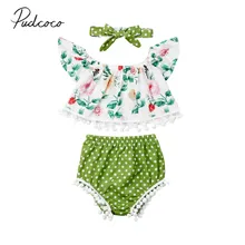 Летняя одежда для малышей футболка с цветочным принтом и открытыми плечами для маленьких девочек топ+ шорты в горошек с кисточками+ повязка на голову, комплекты одежды из 3 предметов