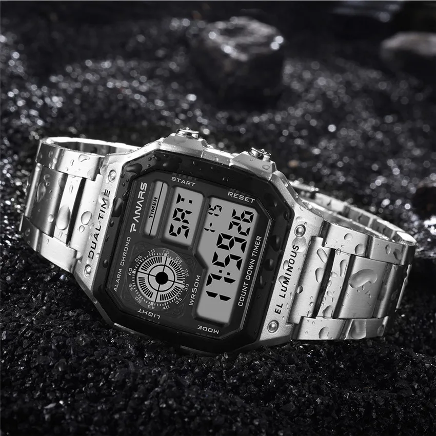 PANARS часы мужские спортивные Relogio Masculino цифровые часы обратного отсчета водонепроницаемые часы мужские деловые наручные часы из нержавеющей стали