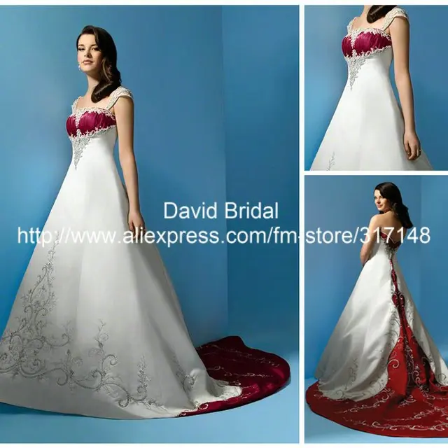 Clic A Line Removable Cap Sleeve Embroidery Satin White Wedding Clic A Line Removable Cap Sleeve Embroidery Satin White Wedding Dress With Red Trim Yw036