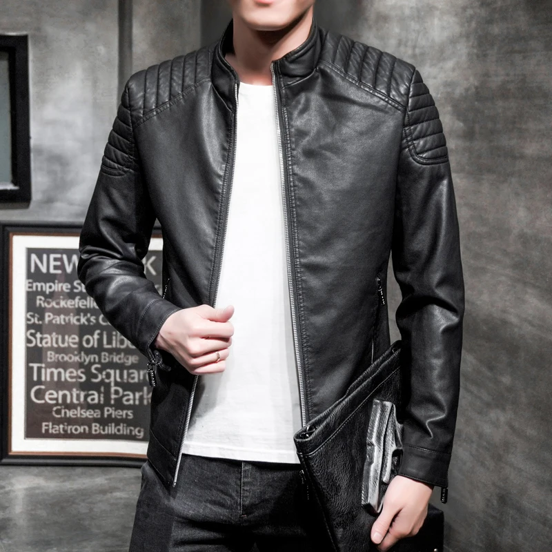 

2019 Men's Jacket Trend Spring and Summer Models Hot Fashion Cotton Solid Color Sports and Leisure Slim Leather Jacket