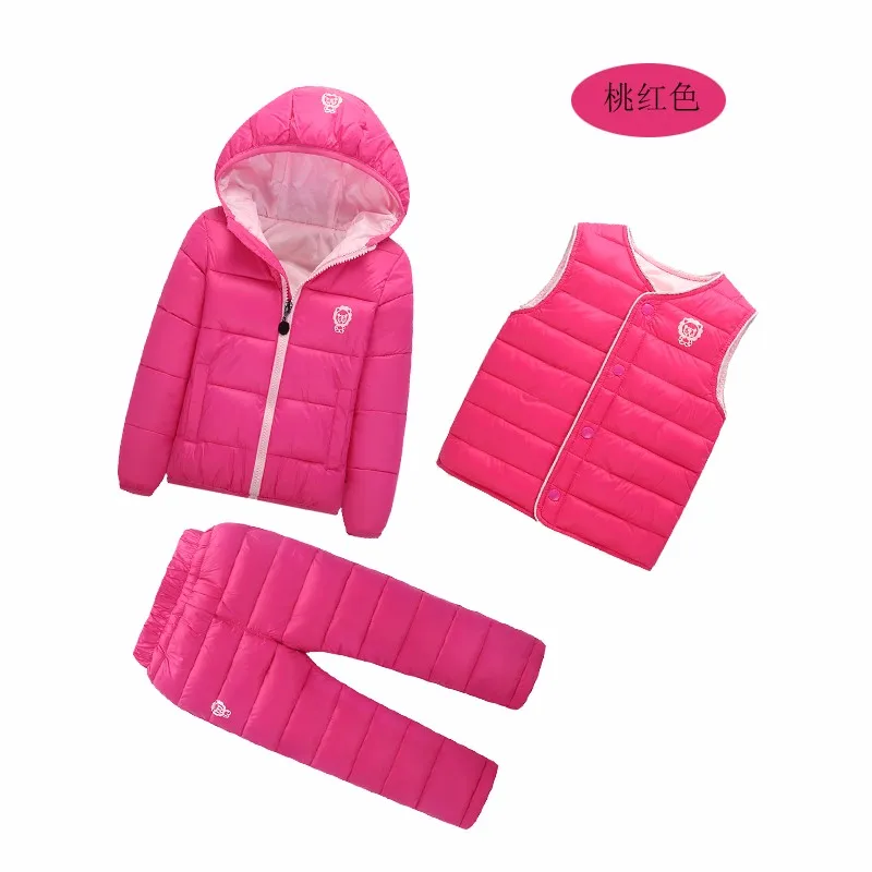 

2016 Winter Baby Girls Boys Clothes Sets Children Down Cotton-padded Coat+Vest+Pants Kids Infant Warm Outdoot Suits 3 Pcs/1 Lot