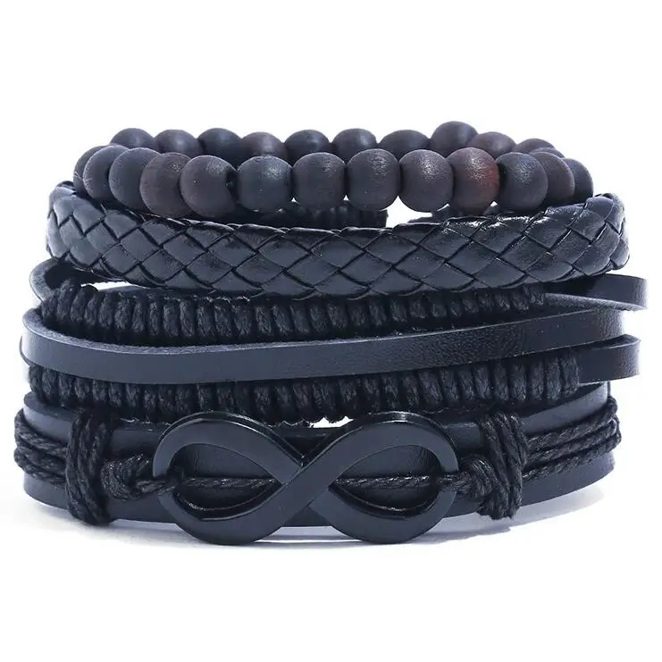 Винтажные модные браслеты с подвесками в стиле панк из натуральной кожи Бесконечность бусины ручной работы черные браслеты ювелирные изделия