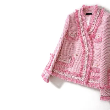 

Brand New Women Girls Fashion Sweet Pin White Tweed Jackets Female Tassel Pearls Double Breasted V-neck Coats Y073